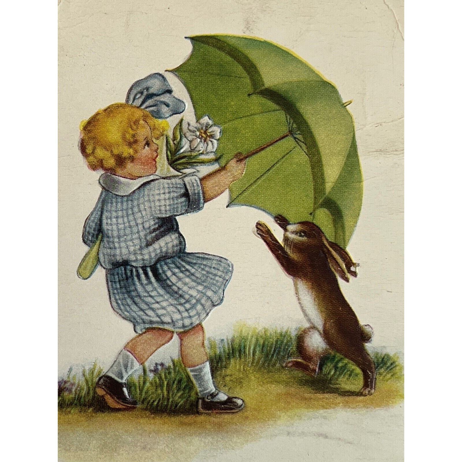 Antique 1916 Ephemera Easter Greetings Postcard Girl Umbrella Bunnies Chick SEE
