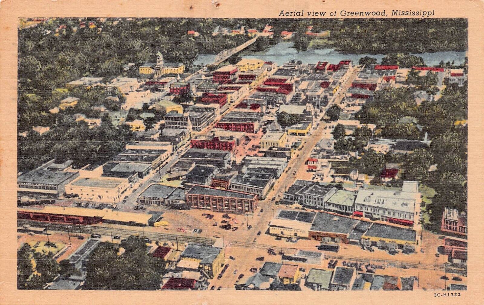 Greenwood MS Aerial View Downtown Train Railroad Depot Station Vtg Postcard C27