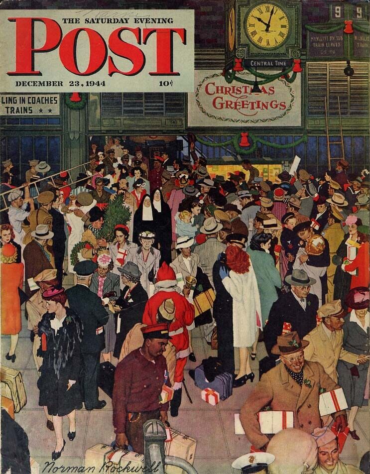 SATURDAY EVENING POST COVER 1944 Christmas Grand Central NYC Norman Rockwell