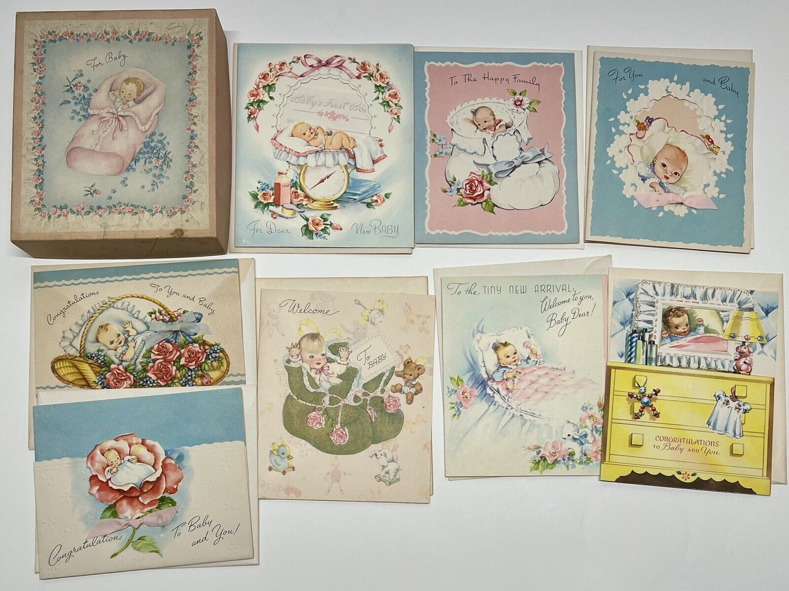 Vintage Box of 8 Baby Congratulations Cards UNUSED w. Envelopes Precious 40s/50s