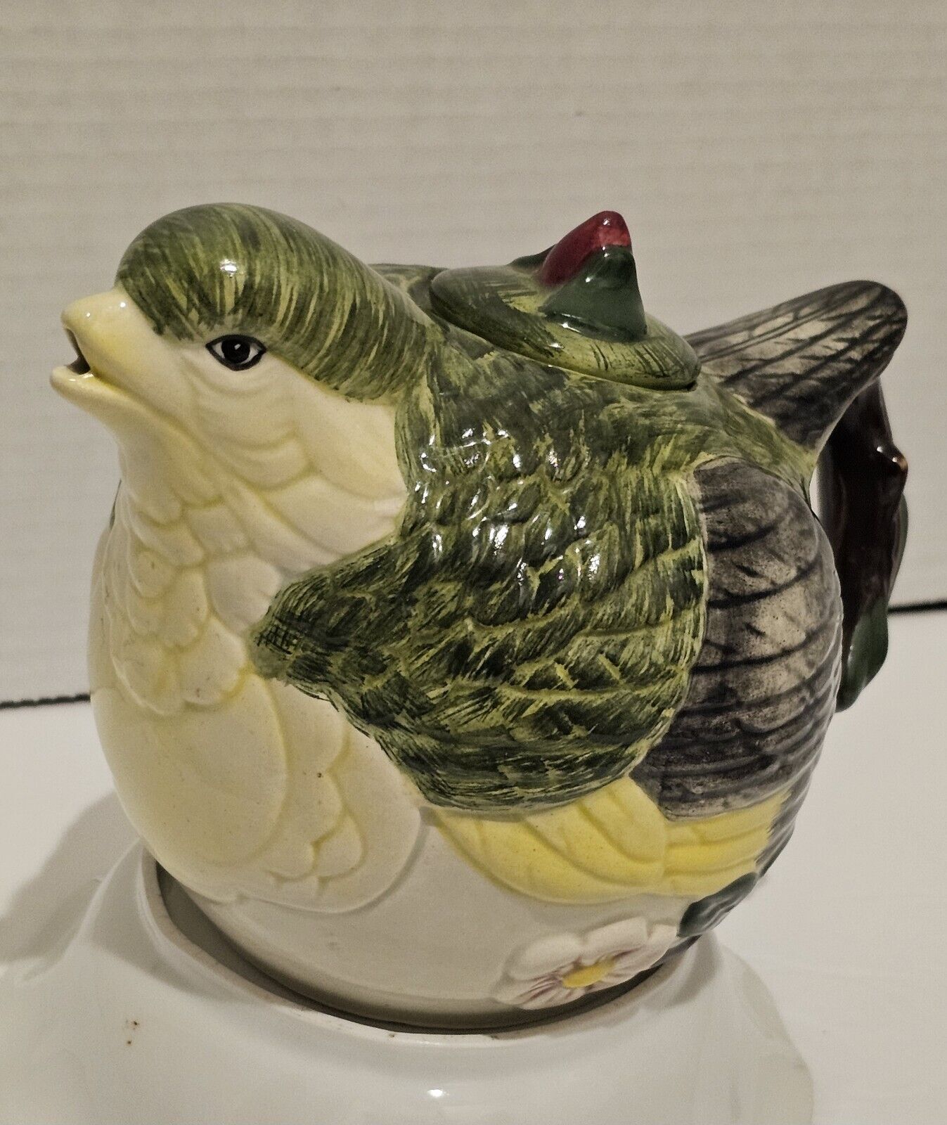 Vintage Meridian Ceramics hand painted Green Finch Bird Teapot  Dogwood Lidded