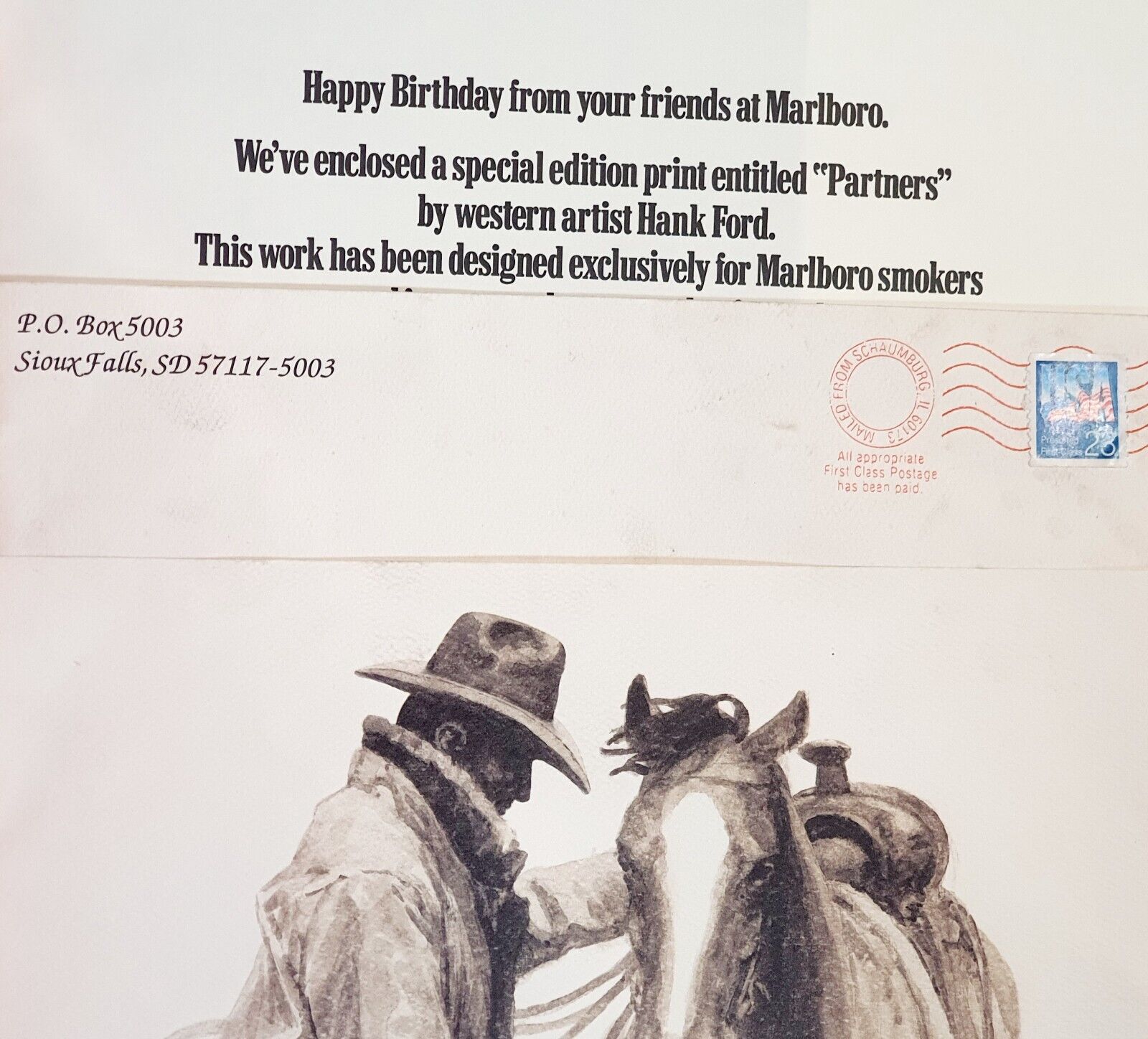 Marlboro Man SET WH Ford Partners Original Envelope Birthday Card and Print 1995