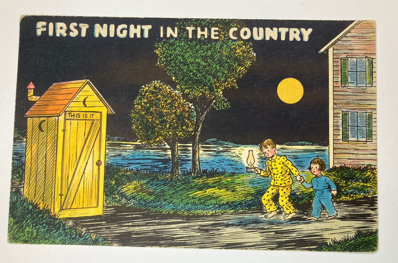 c1953 First Night In The Country VINTAGE Linen Comic Postcard