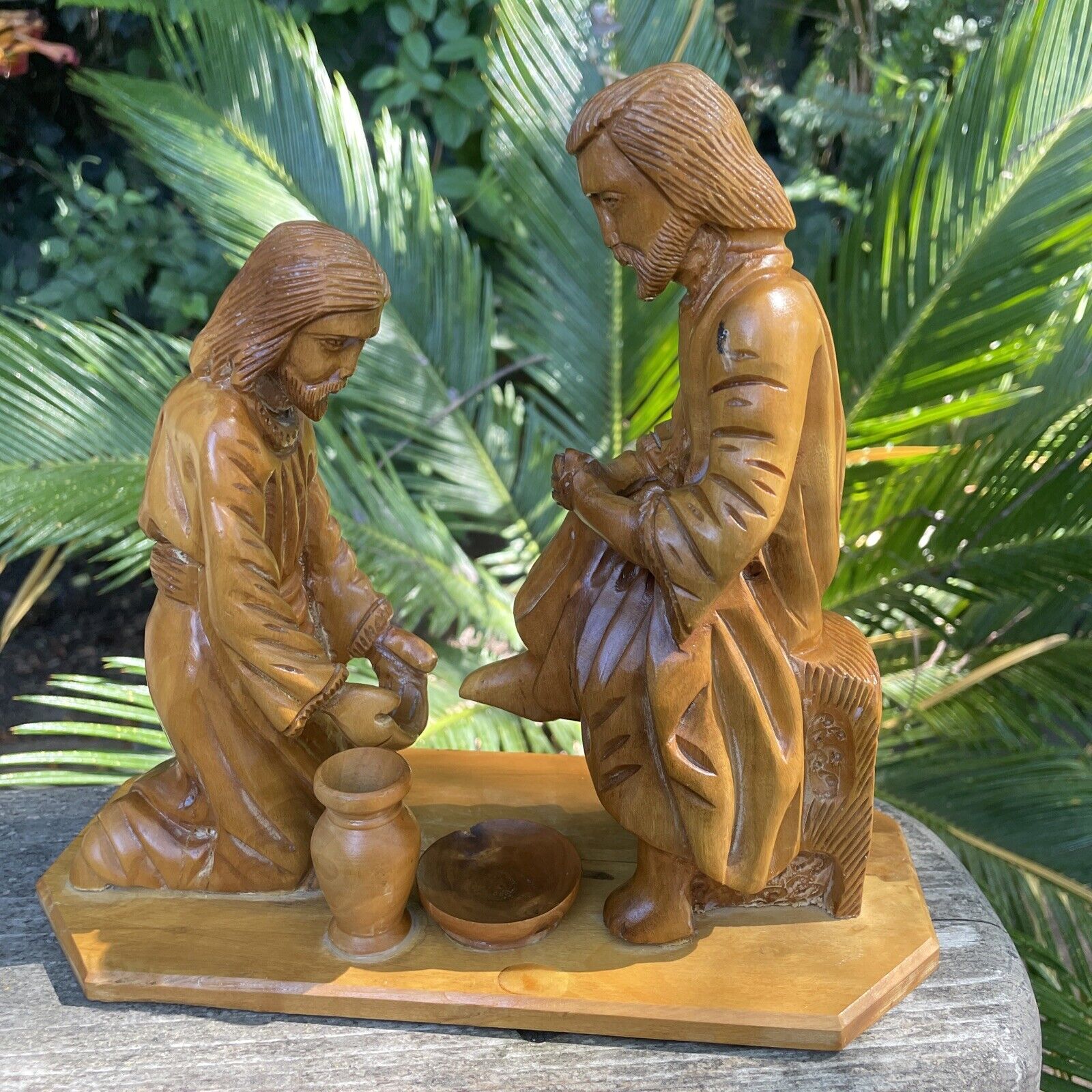 Vintage Olive Wood Hand Carved Jesus Washing Feet From Holy Land 7.5”x7.5” Nice