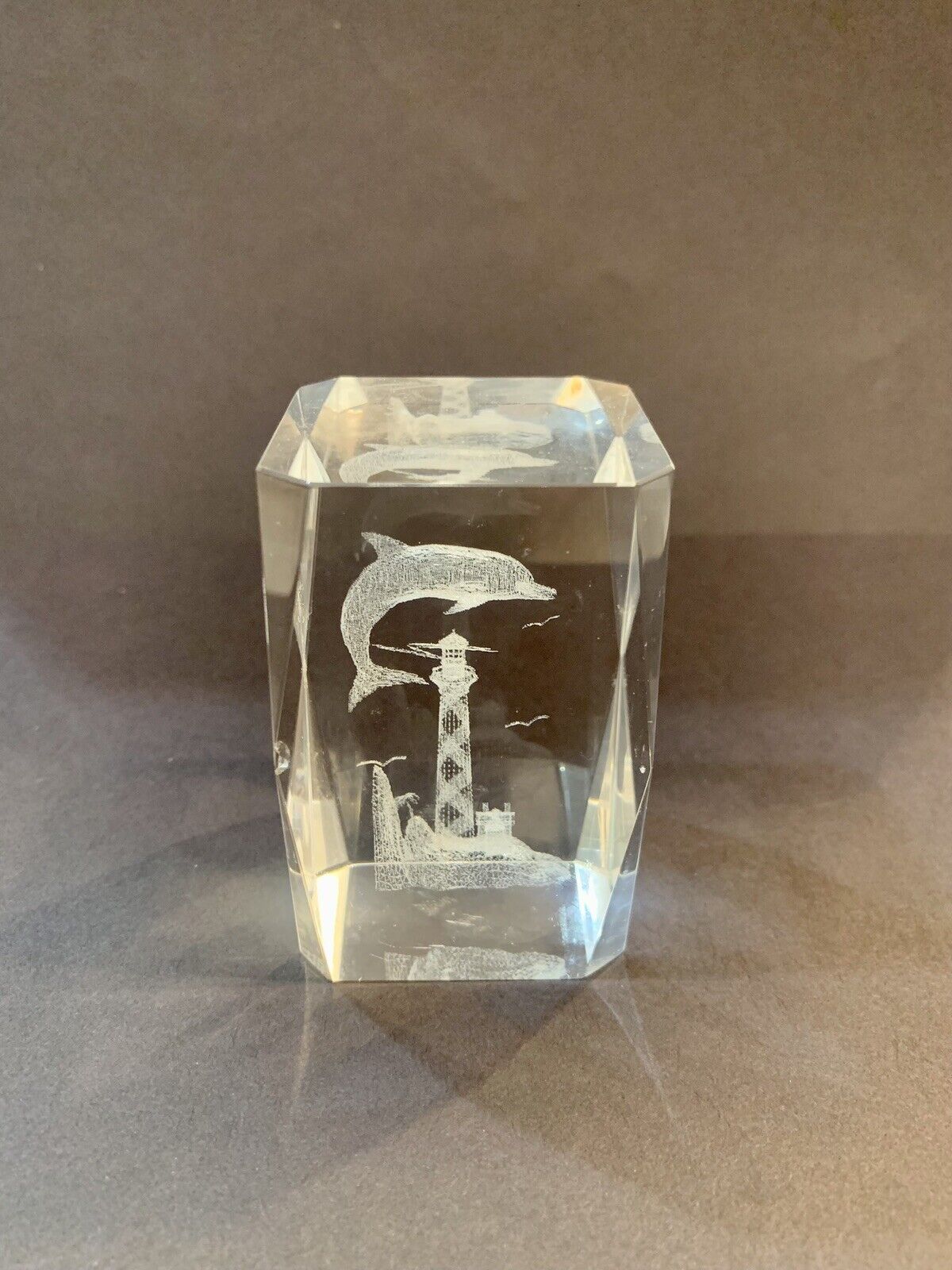 Dolphin Lighthouse Paperweight Clear Glass Ocean Life 3D Laser Etched