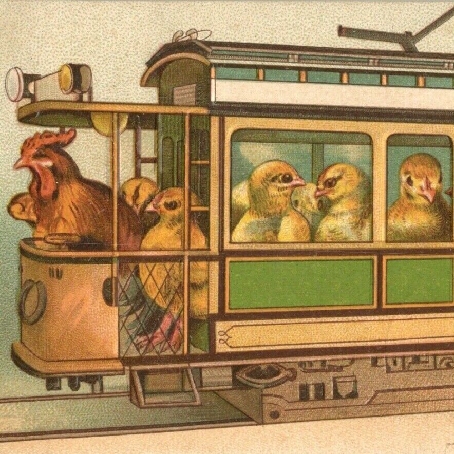 c.1908 Chicks in Trolley Street Cable Car Easter Greetings Postcard Germany Hens