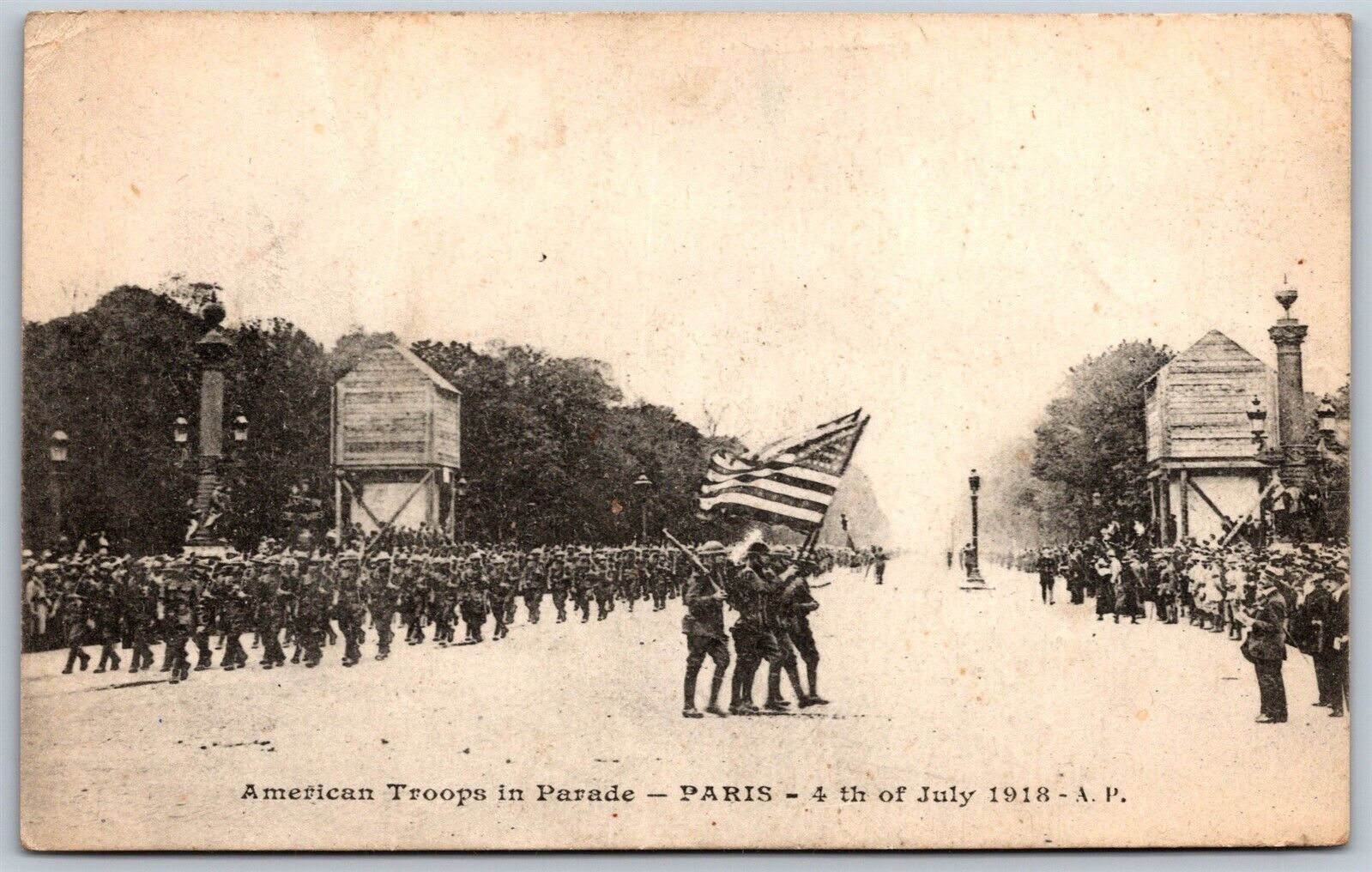 Vtg Military American Troops in Parade Paris France July 4th 1918 WW1 Postcard