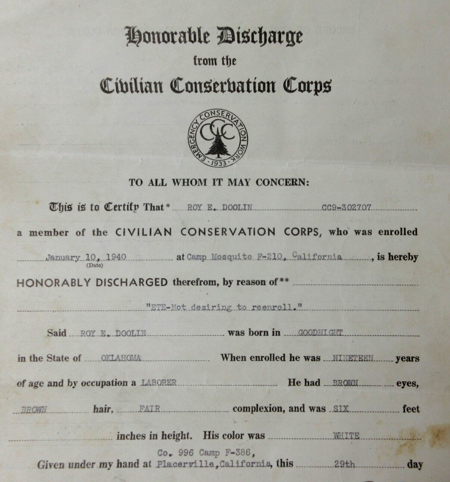 WPA Civilian Conservation Corps Discharge CCC Co 996 Placerville CA 1940