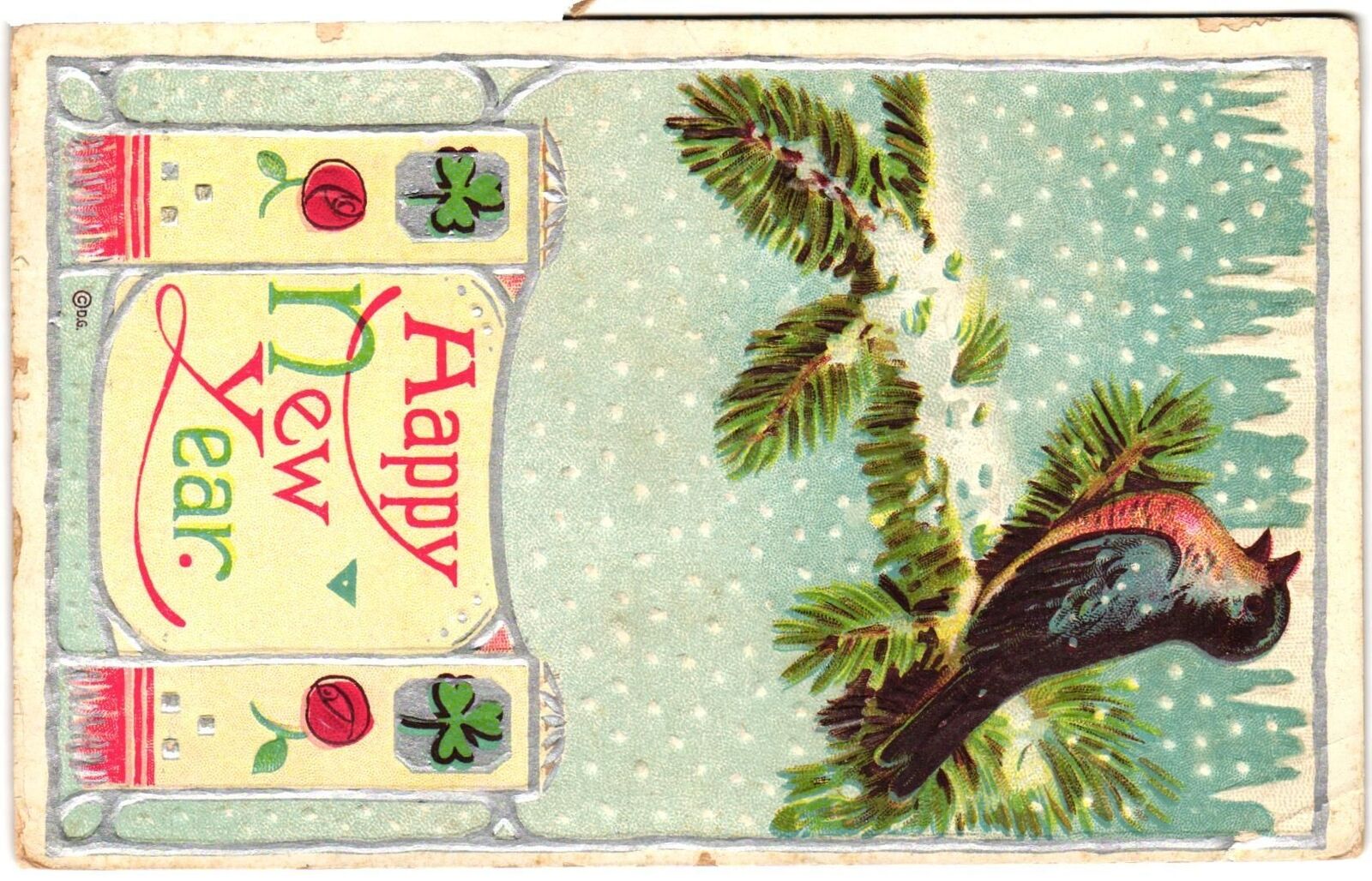 Vintage Postcard- HAPPY NEW YEAR, BIRD ON A SNOW COVERED BRANCH Early 1900s