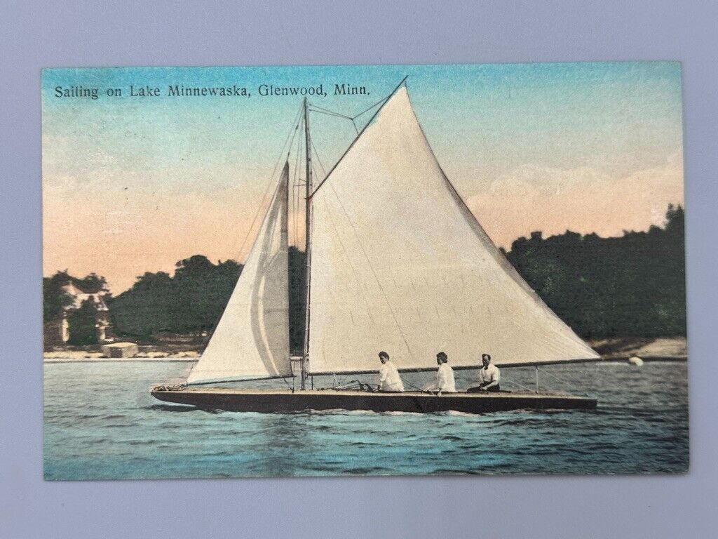 1909 GLENWOOD Minnesota SAILING on LAKE MINNEWASKA Boat Yacht Postcard Antique