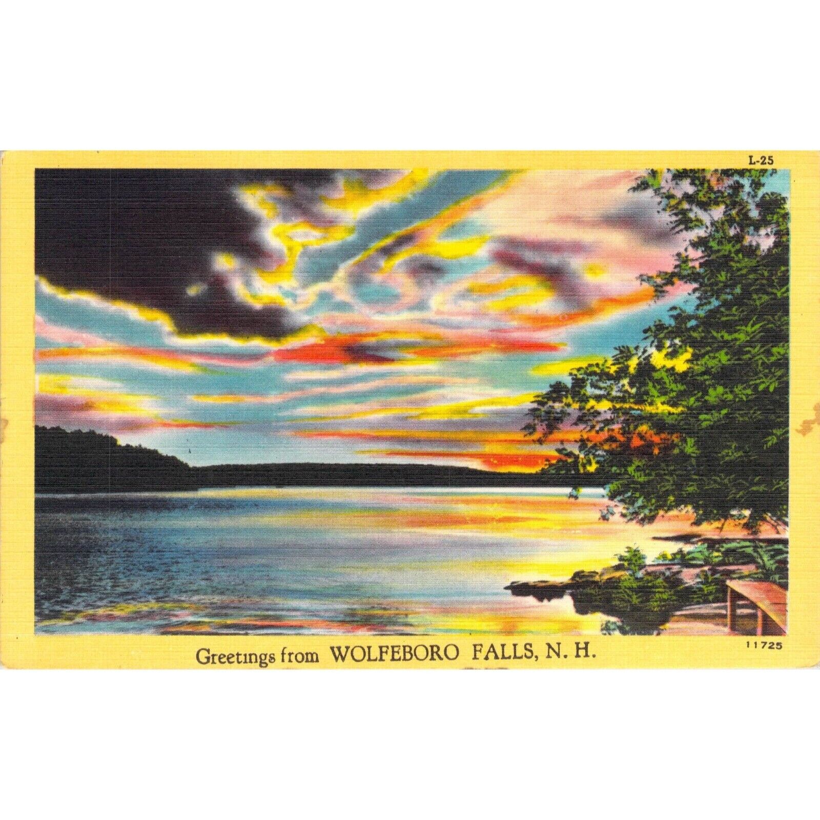 Vintage Postcard Greetings Wolfeboro Falls NH Sunset Lake NOS c1940s Colorful