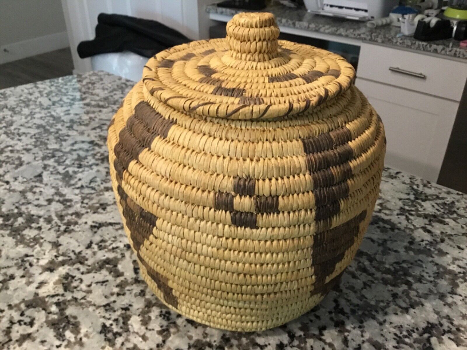 Native American Papago Indian Lidded Woven Basket 9.5” x 8.5”