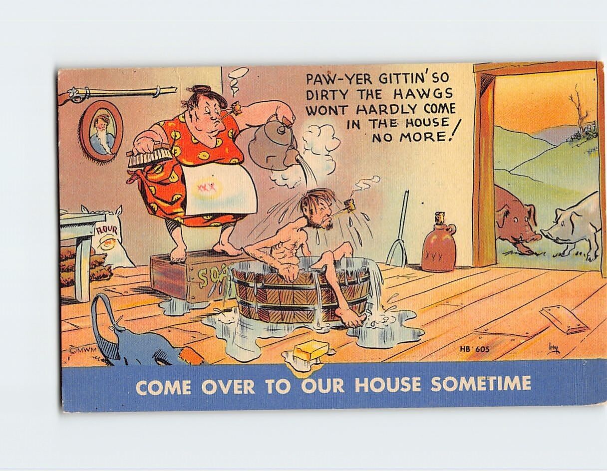 Postcard Come Over To Our House Sometime w/ Bathing Scene Humor Comic Art Print