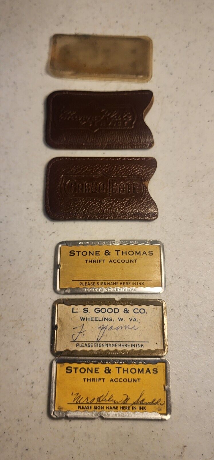 Vintage Wheeling WV Stone & Thomas LS Goods Charge Plates