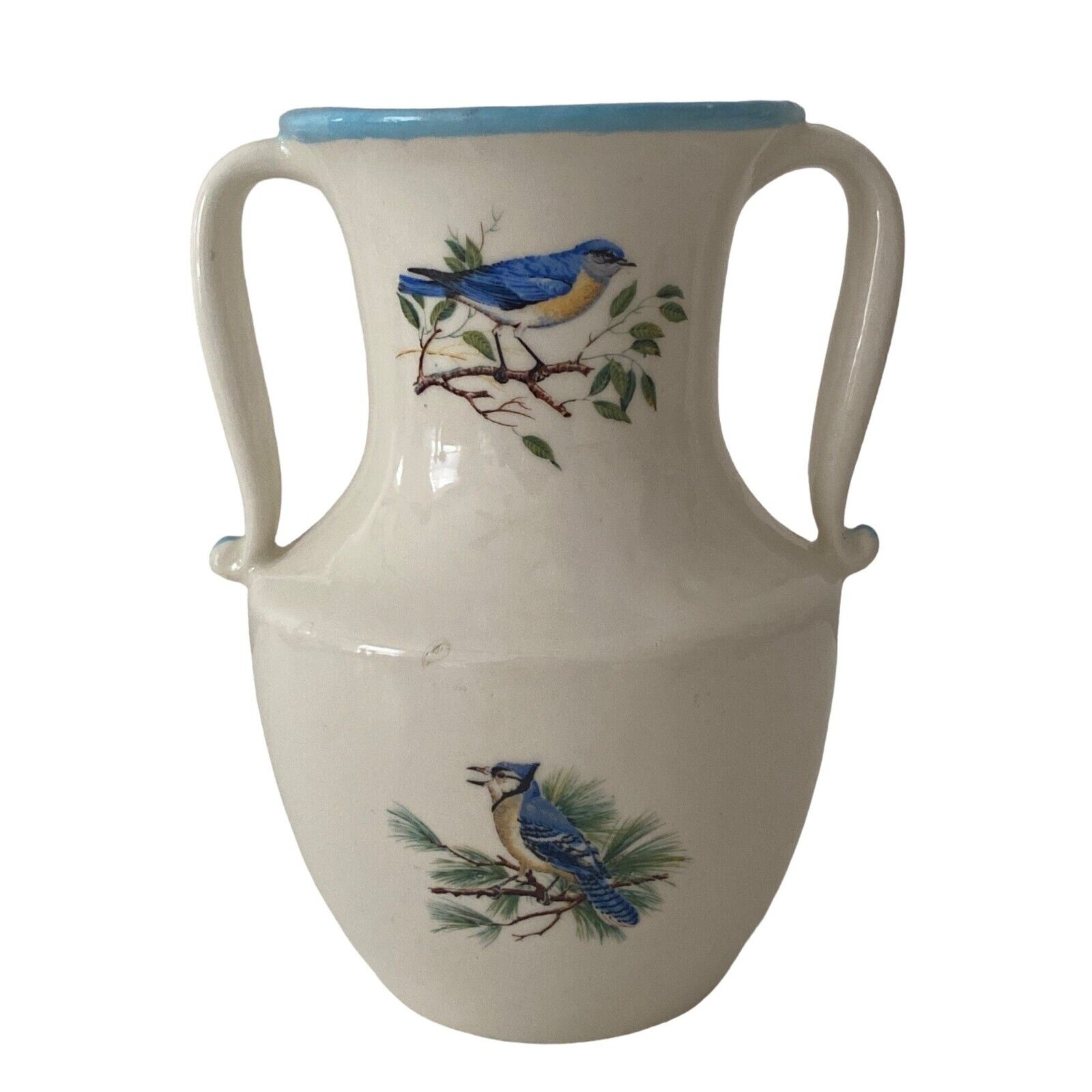 Vintage Two Handled Vase cream Blue Birds Ceramic
