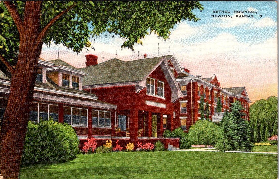 Newton, KS Kansas  BETHEL HOSPITAL  Harvey County  ca1940\'s Kropp Linen Postcard