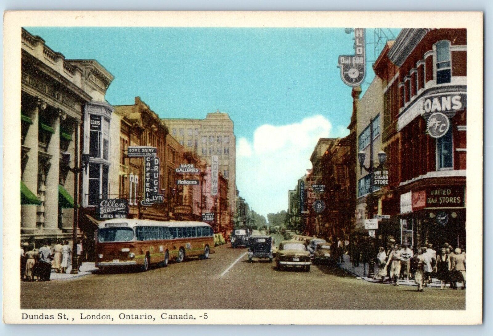 London Ontario Canada Postcard Dundas Street Streetcar Exterior Building c1940