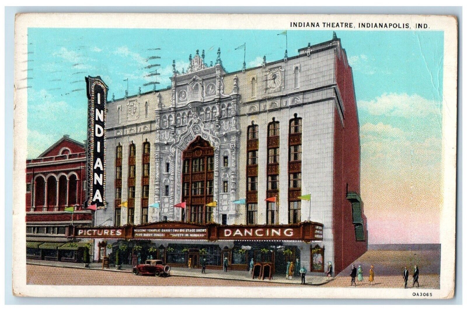 Indianapolis Indiana IN Postcard Indiana Theatre Building Cars Street Scene 1934