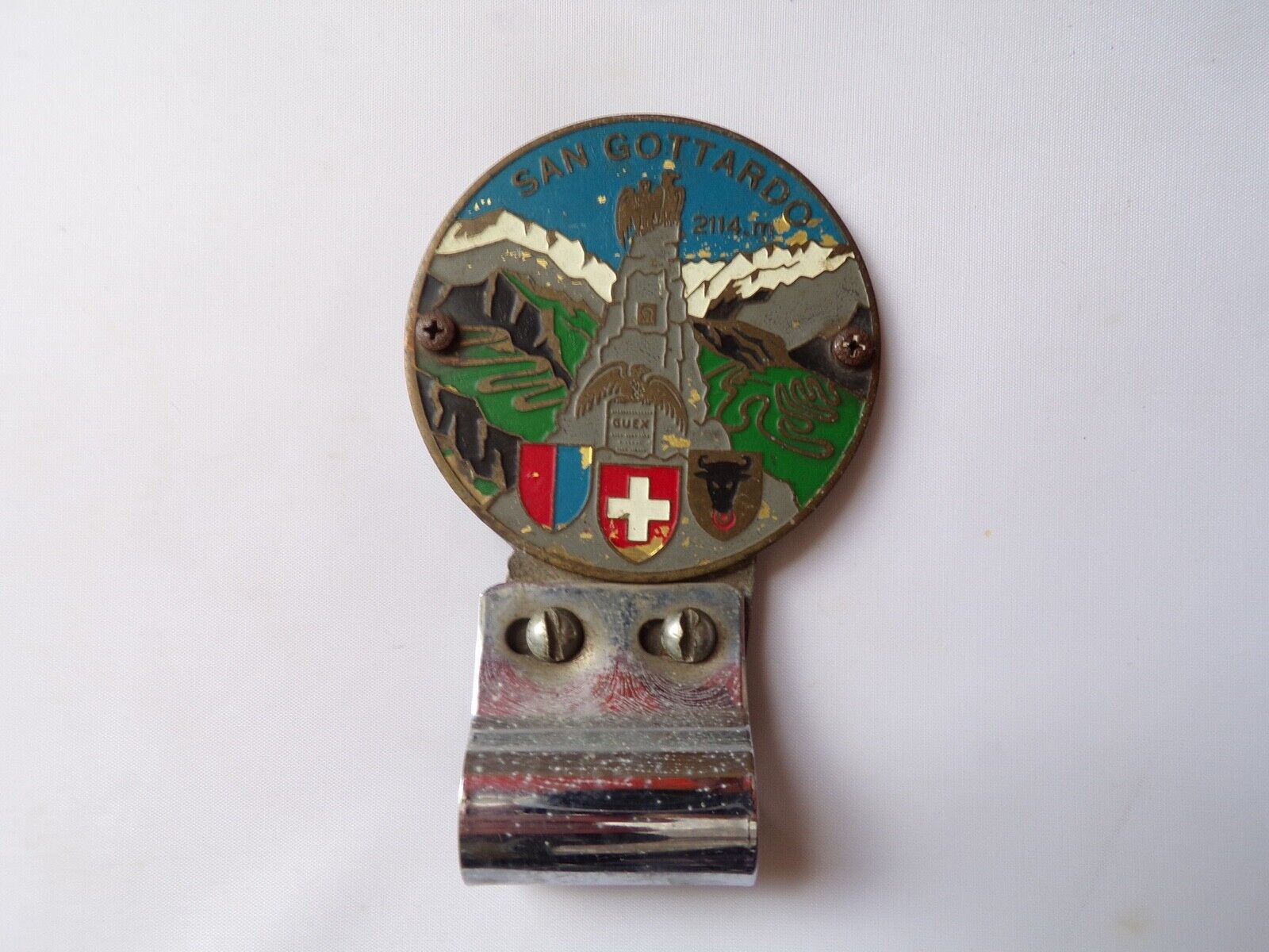 Vintage SAN GOTTARDO Switzerland Enamel Brass Motor Car Grille Badge Swiss