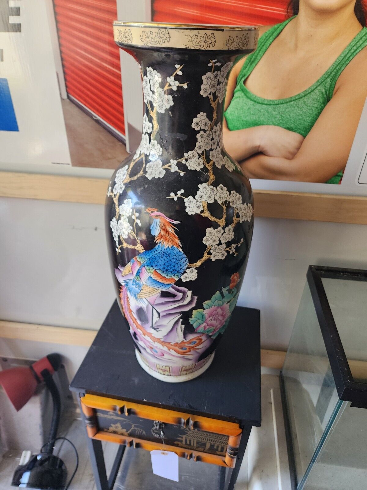 Large Vintage Asian Porcelain Floor Vase Birds Peony Flowers Wucai Chinoiserie