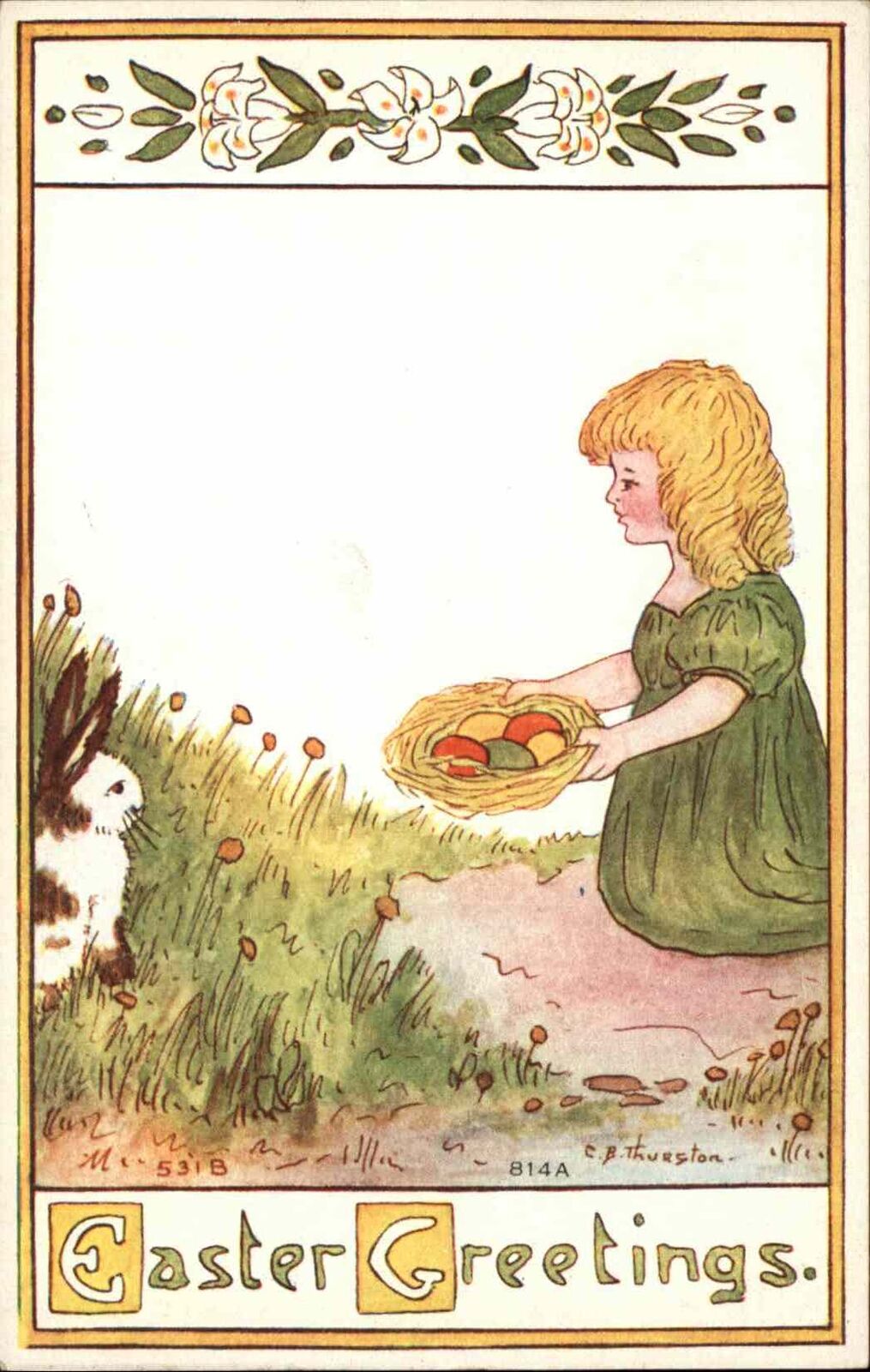Thurston Easter Little Girl Bunny Rabbit Eggs Vintage Postcard