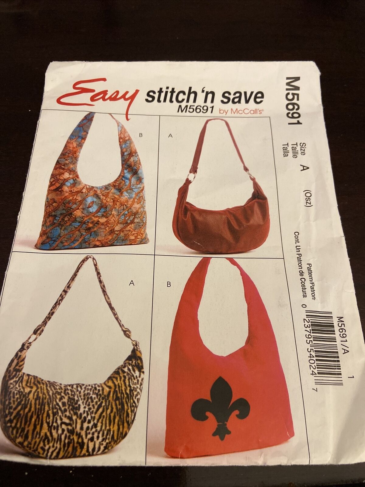 McCalls M5691 Pattern Women’s Handbags 2 Styles Accessories Uncut