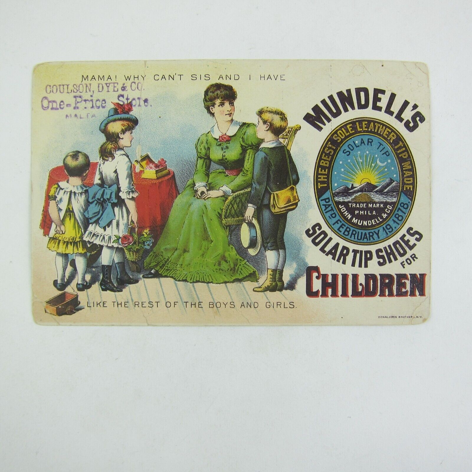 Victorian Trade Card LARGE Mundell\'s Solar Tip Shoes Children Philadelphia PA