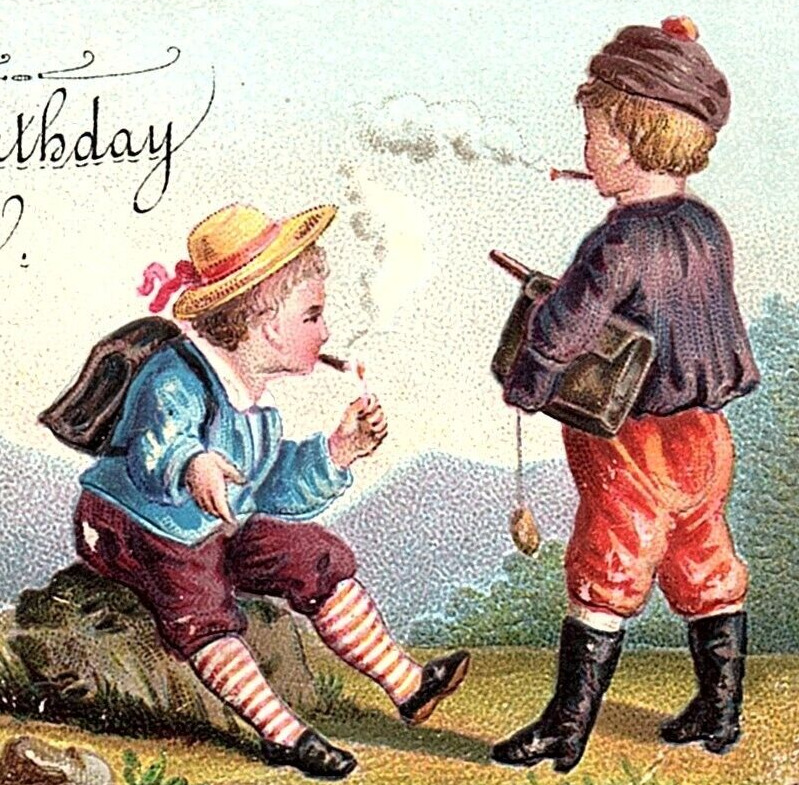 c1880 EMBOSSED BIRTHDAY VICTORIAN BOYS SMOKING CIGARS TRADE? CARD Z1212