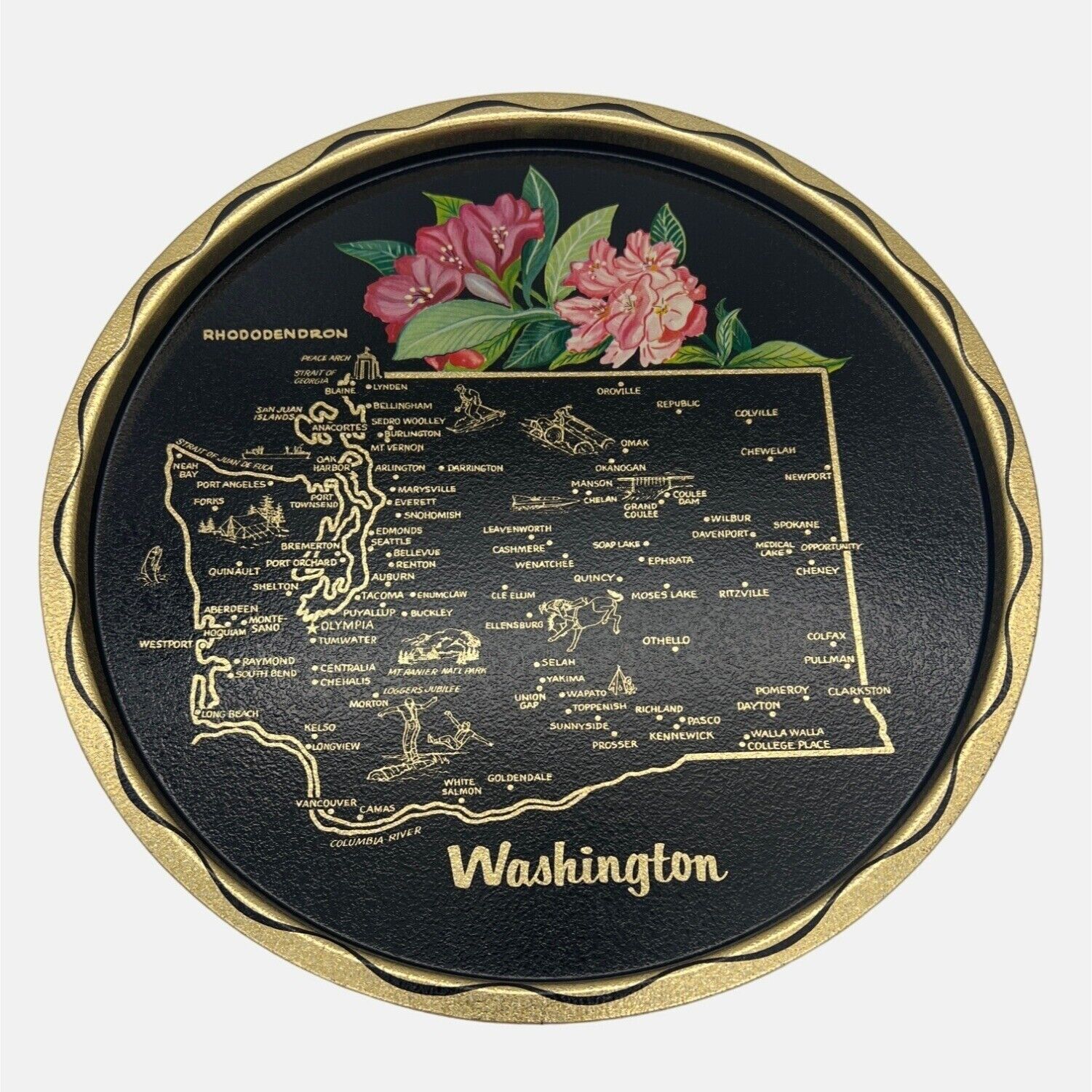 Vintage Washington Souvenir Metal Tray State Map Flower Rhododendron Black Gold