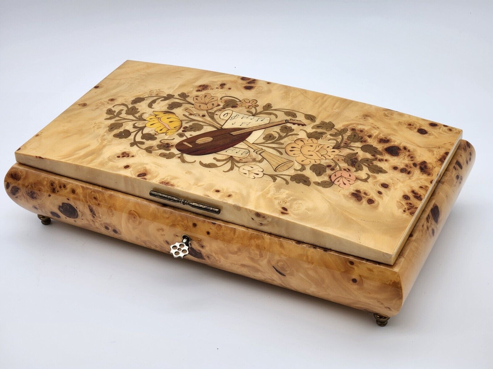 Rare Mapsa Wood Flower Banjo Jewelry Music Box “Love Story”