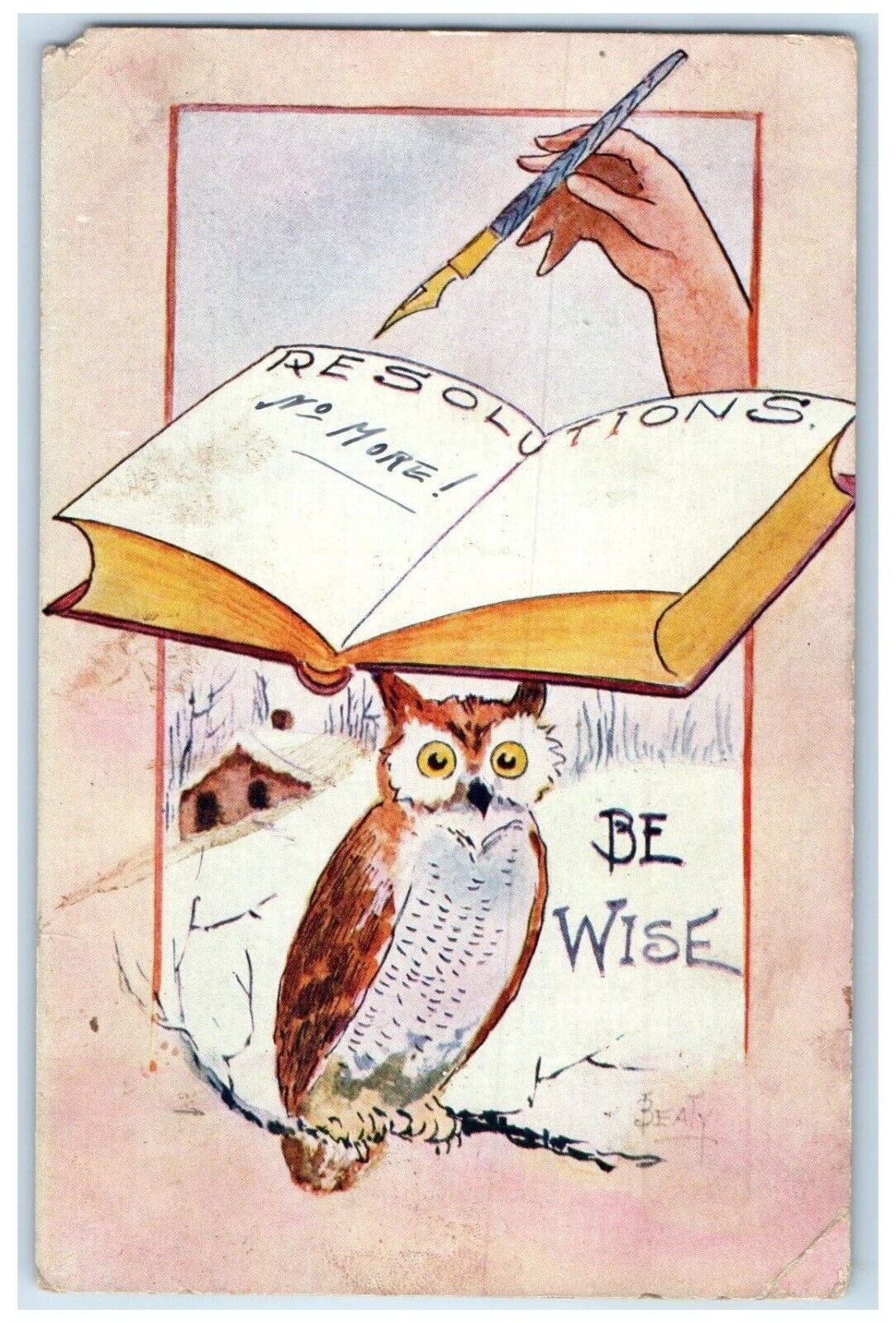 1907 Owl Be Wise Resolution No More Winter Chicago Millard IL RPO Postcard