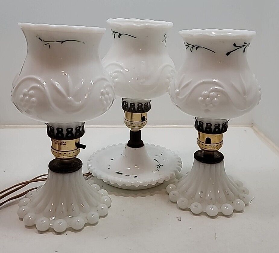 3 Vintage Milk Glass Lamps W/Milk Glass Shades Electric Bedside Vanity Table