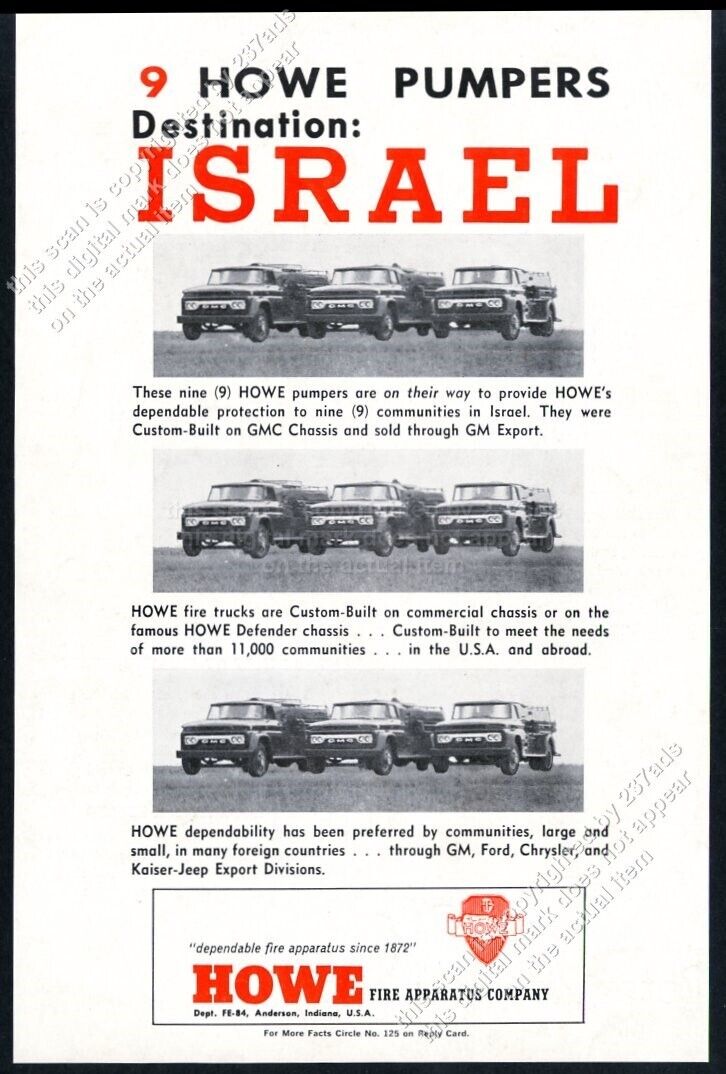 1964 GMC Howe fire engine truck photo for Israel fire departments vtg print ad