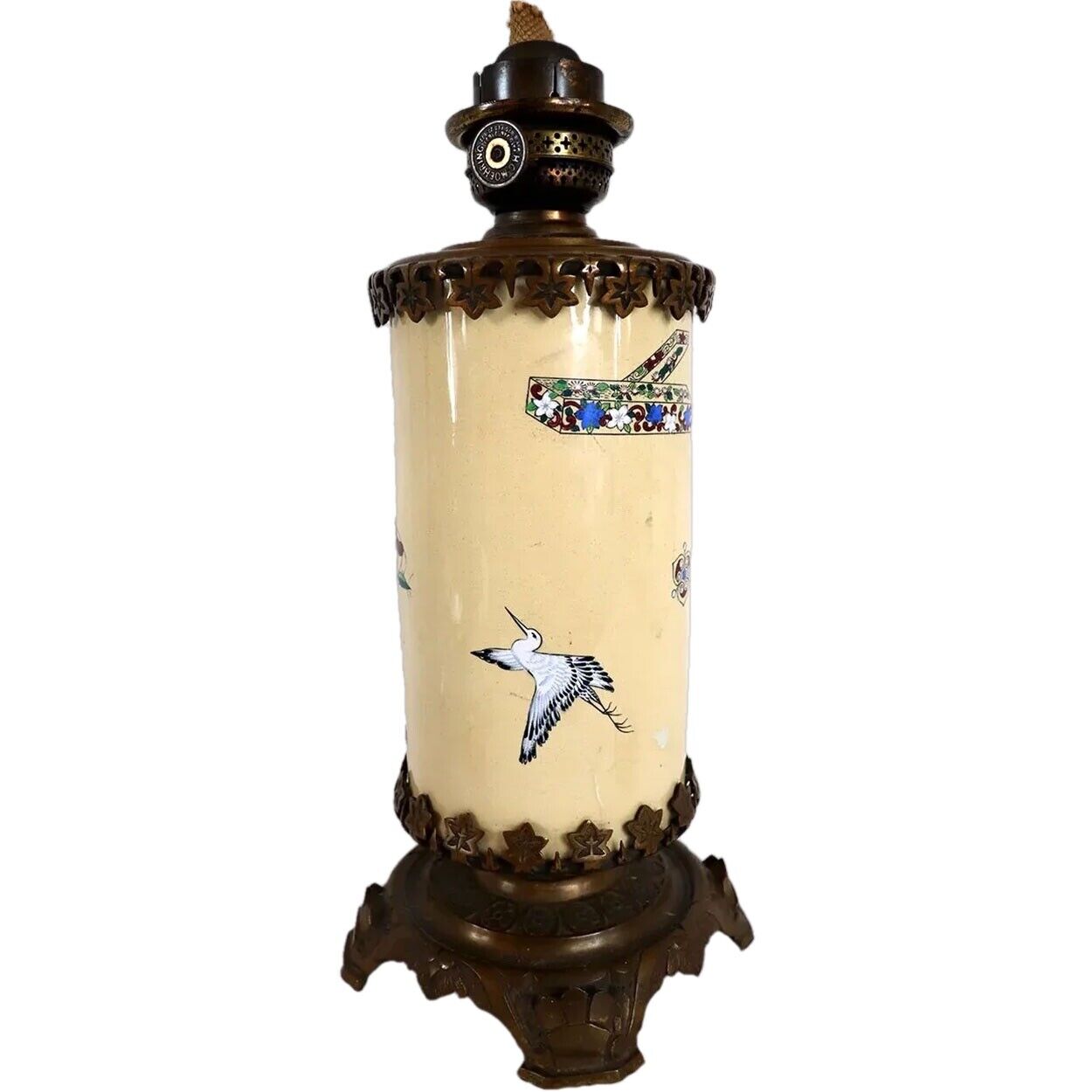Antique French Longwy Pottery & Bronze Kerosene Table Lamp Base c. 1880