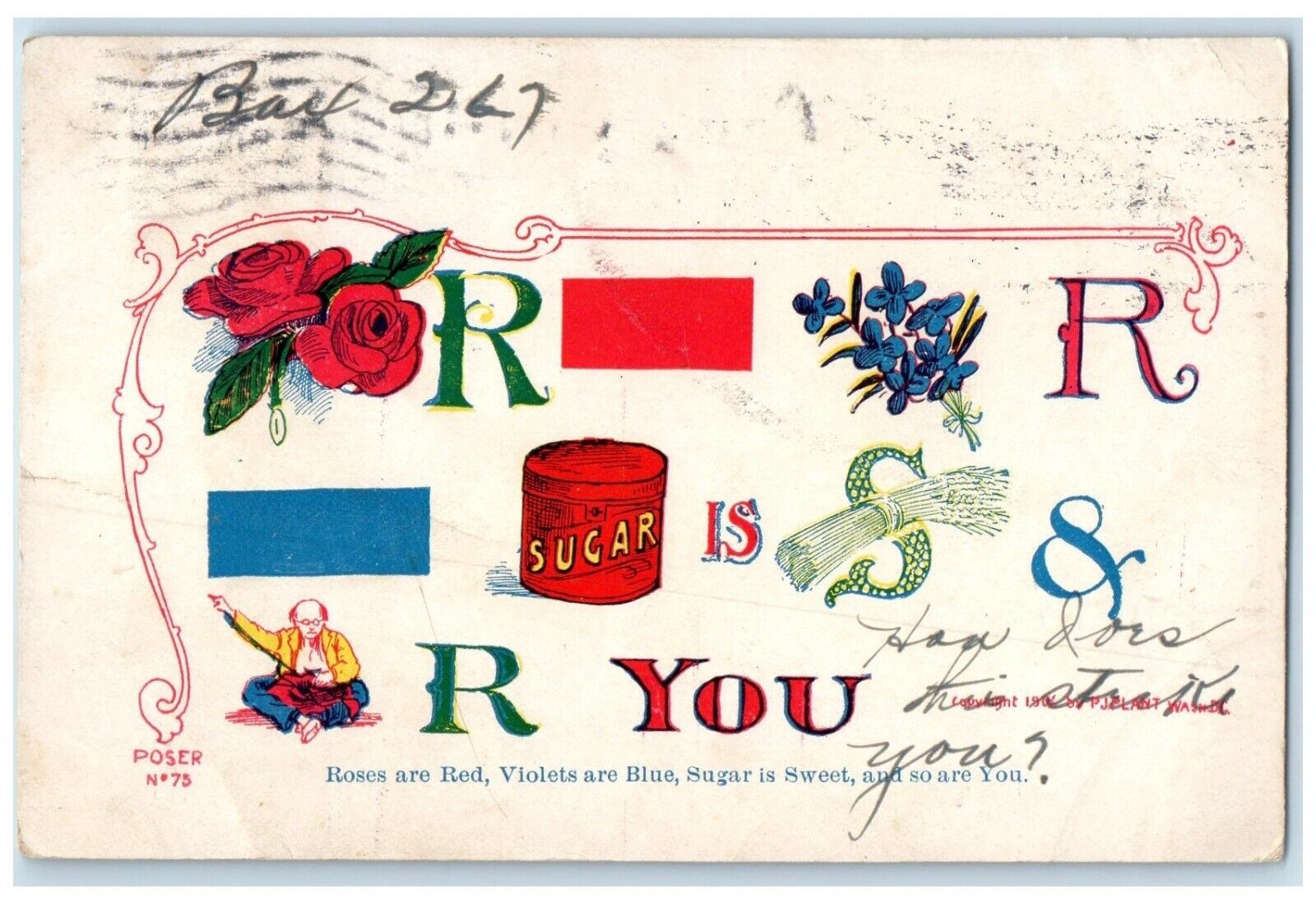 c1905 Man Motto Roses Are Red Puzzle Roanoke Virginia VA Antique Postcard