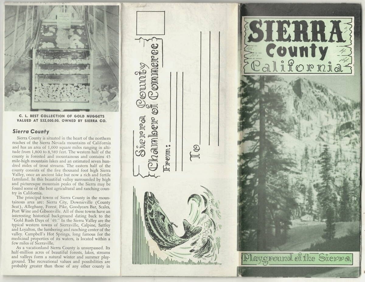 SIERRA COUNTY California vintage Brochure / Map ~1950s Ski, Fish, Lumber, Mining
