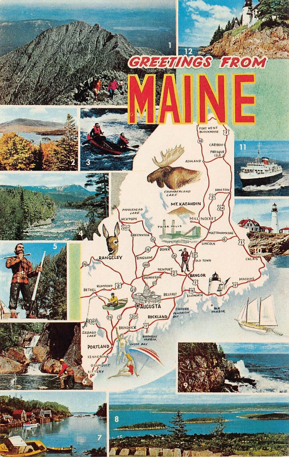 Maine ME Map Rangeley Rumford Machias Calais Brunswick Jackman Vtg Postcard Y8