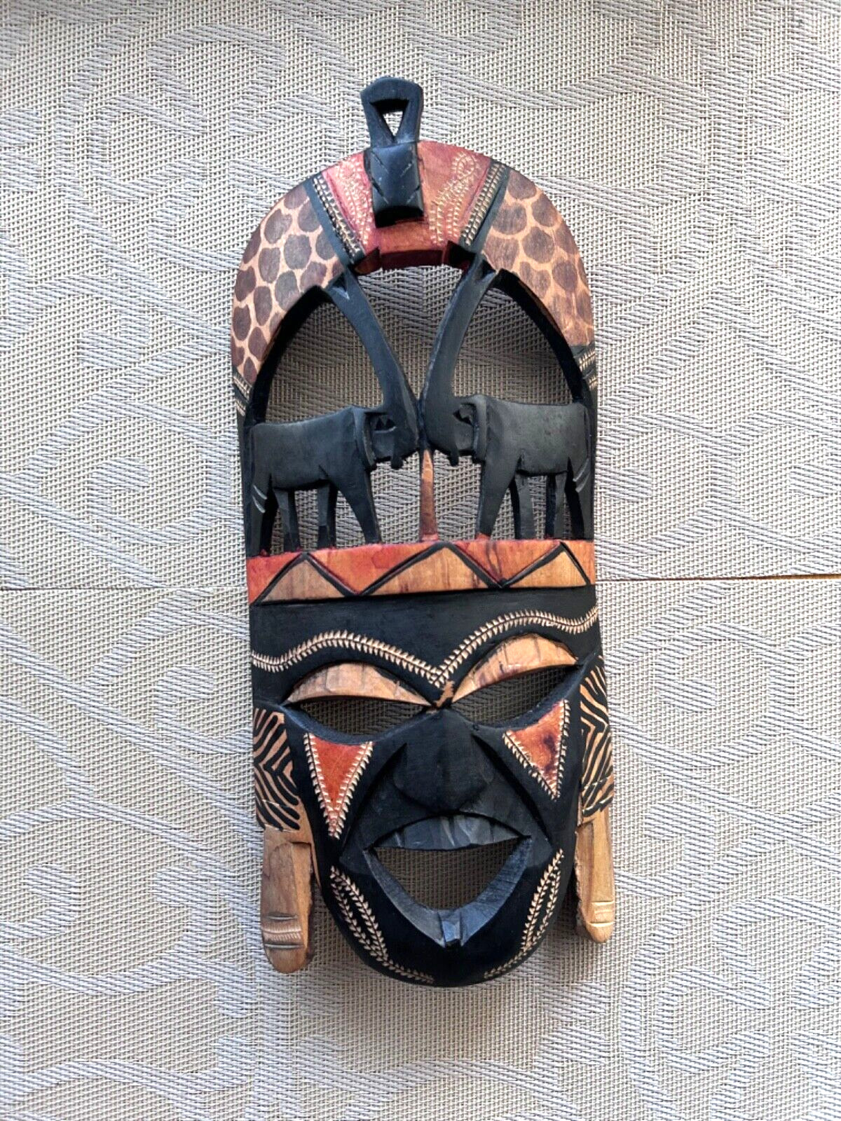 African-Maasai “Elephants Kissing”  Handcarved Wooden Mask. 