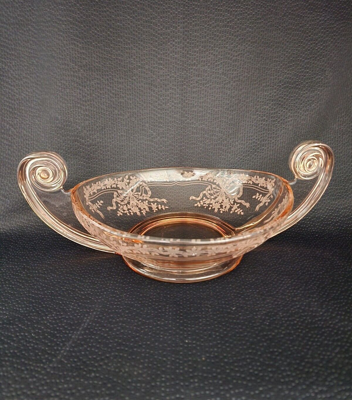 Vtg Fostoria JUNE Pink Grecian Scroll Handle Etched Elegant GlassConsole Bowl 