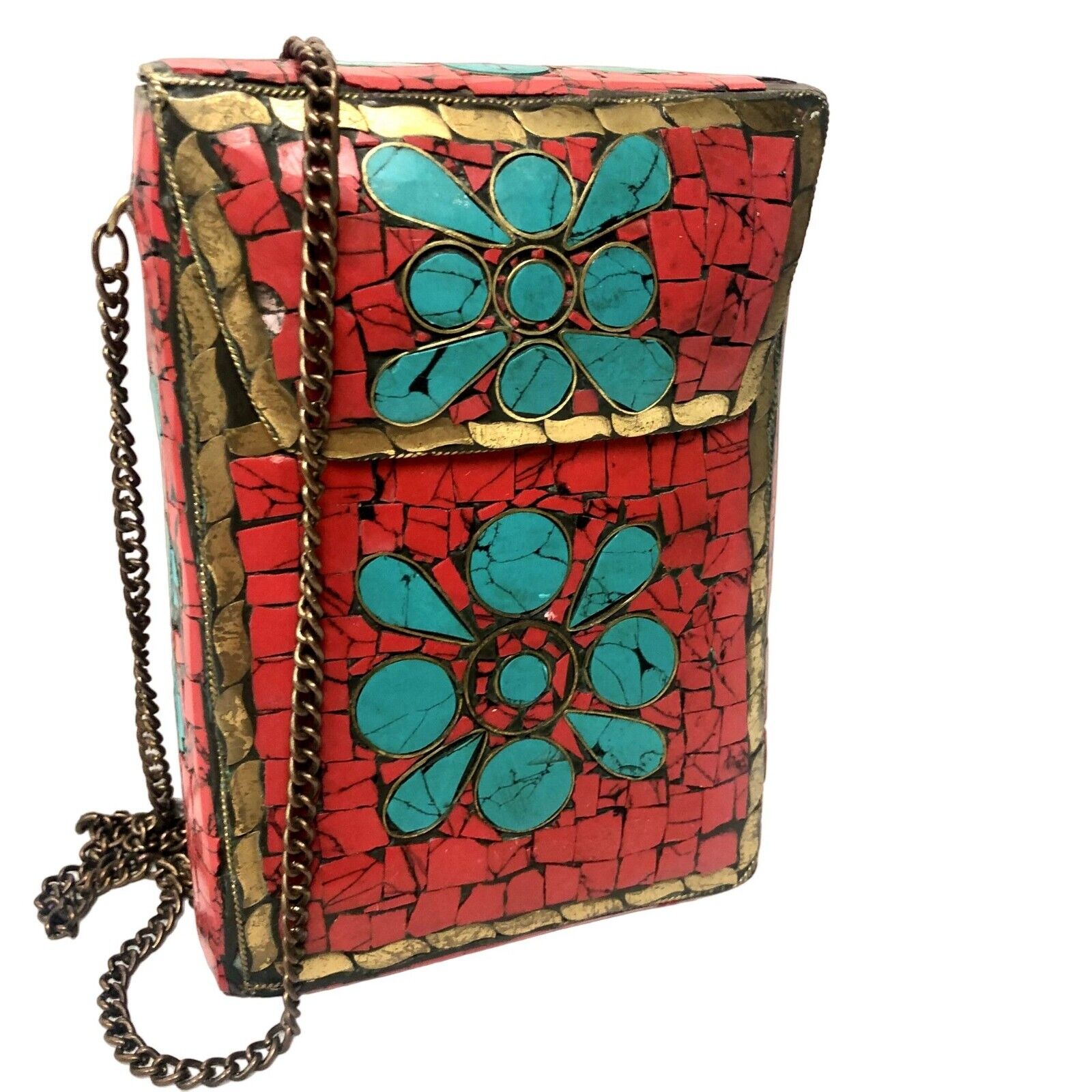 Vtg Tibetan Brass Turquoise & Red Stone MOSAIC Metal Box Crossbody HIPPIE Purse