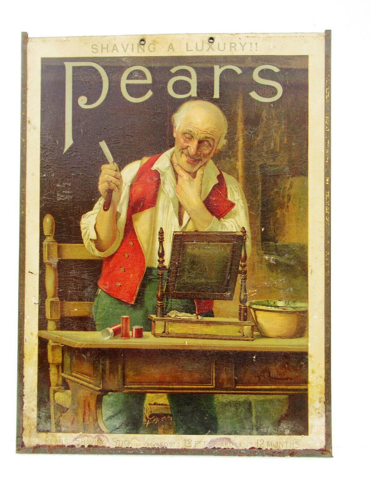 Vintage Pear's Shaving Stick Advertising Sign Print Cardboard Metal Tin Edges 