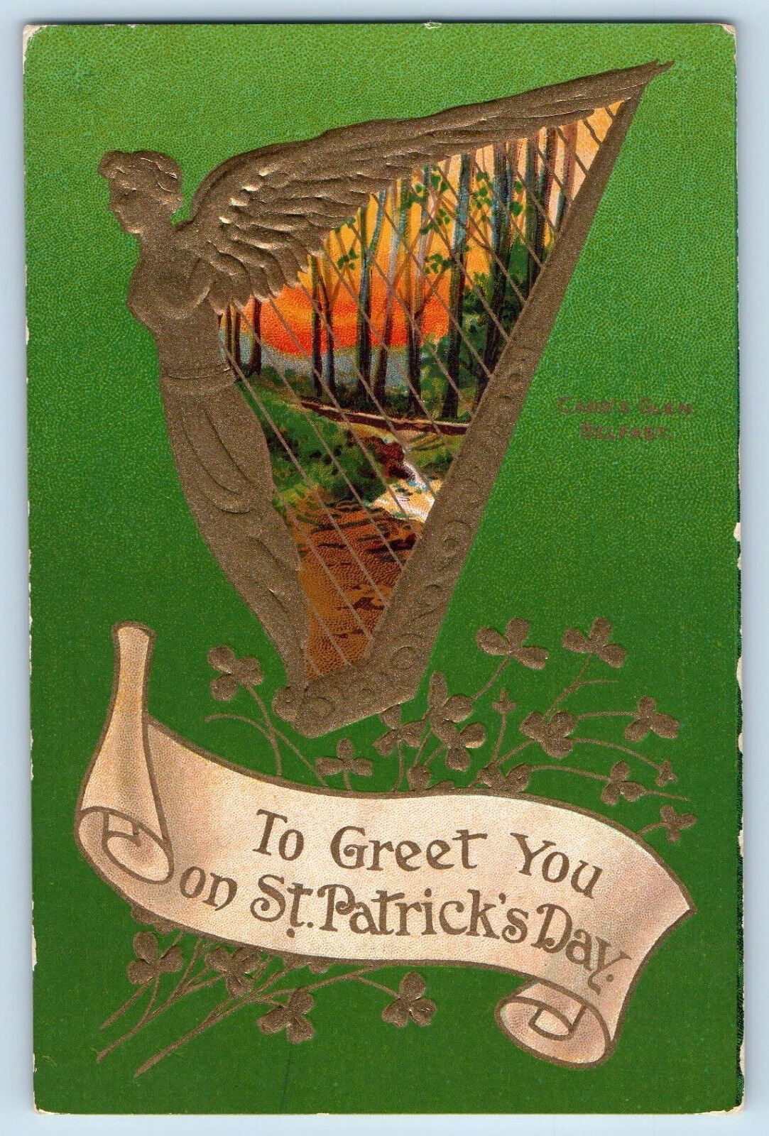 St. Patrick\'s Day Postcard Greeting Harp Shamrock Embossed c1910\'s Antique