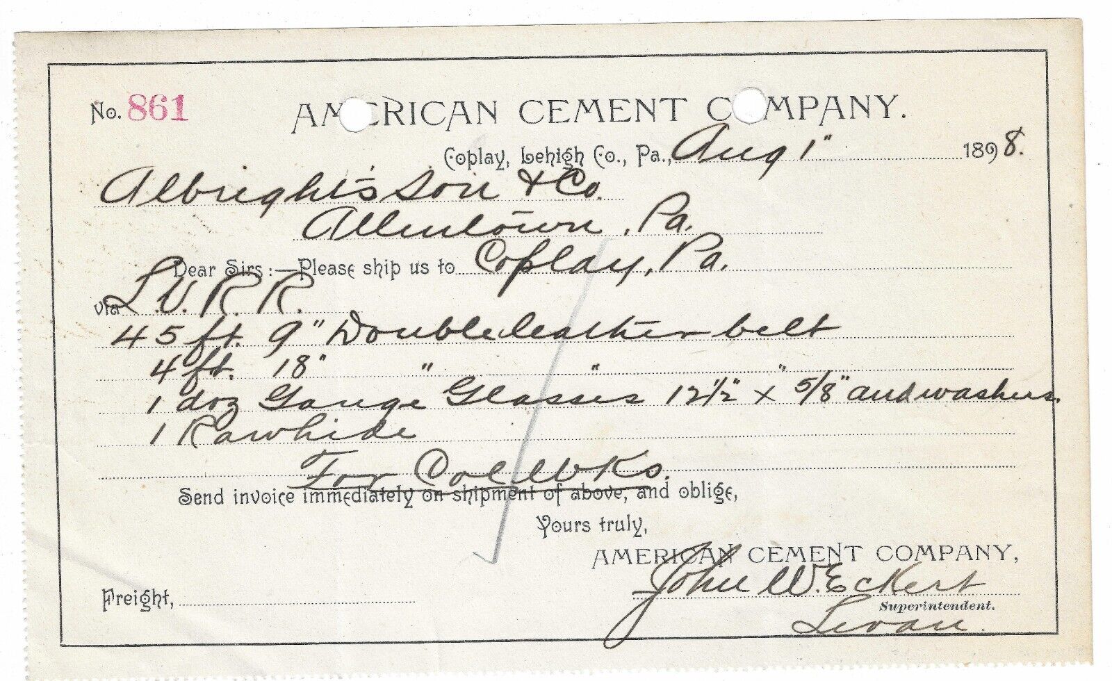 1898 Order, American Cement Company, Coplay, Pennsylvania, Albrights\'s Son & Co.