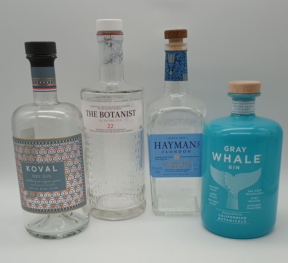 Empty Gin Bottles Top Shelf Fancy Koval Gray Whale Haymans Botanist 750ml