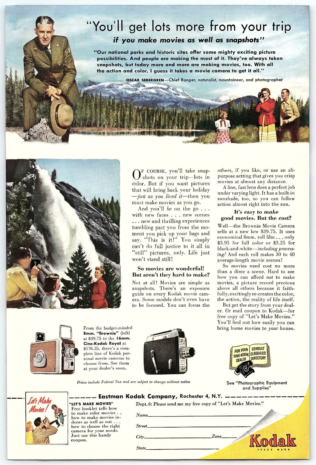 1950s KODAK CAMERAS GET LOTS MORE FROM YOUR TRIP MOVIES FULL PAGE PRINT AD Z5316