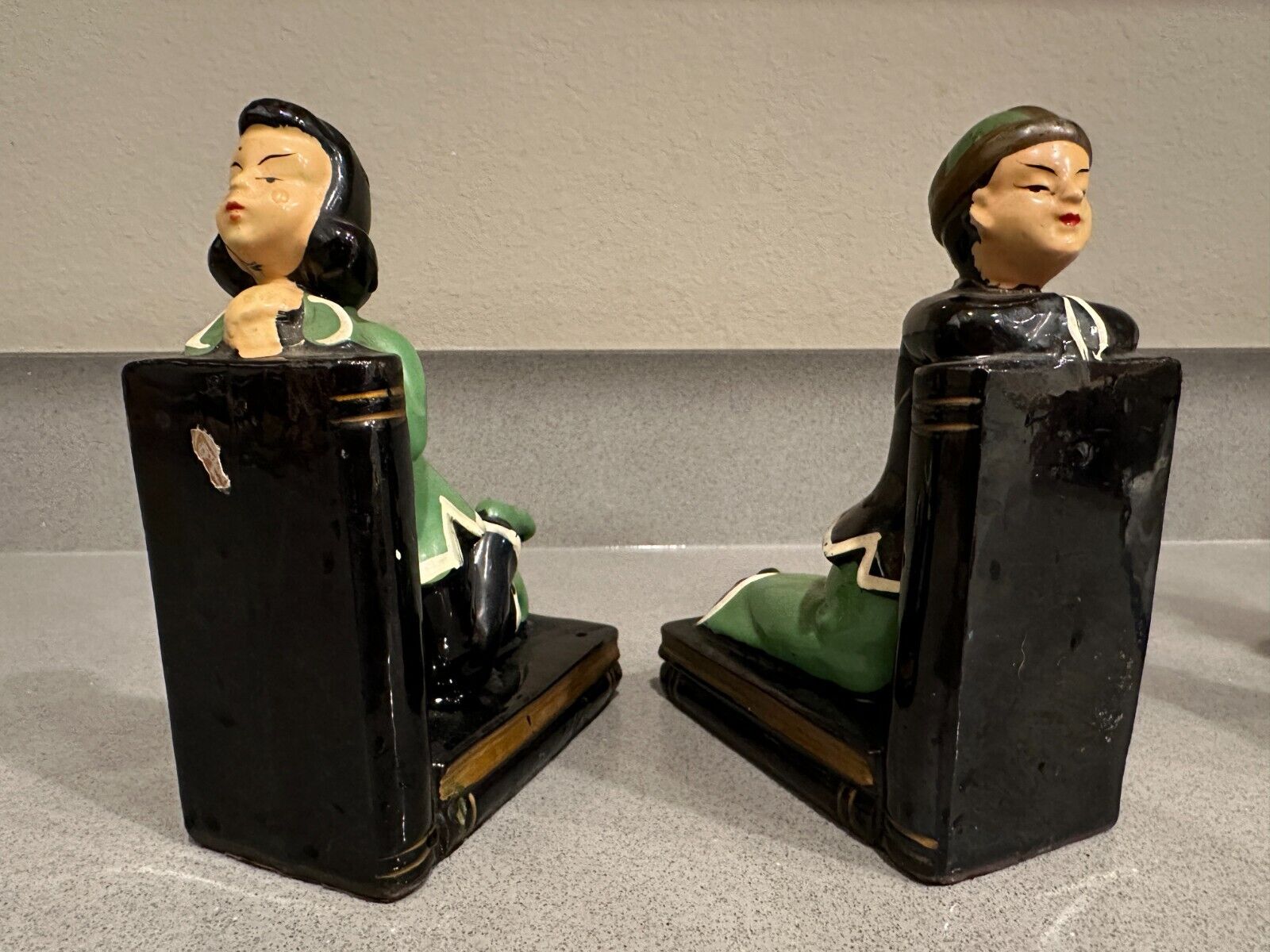 Vintage Ceramic Asian Boy & Girl Bookends Enesco Mid-Century Made in Japan