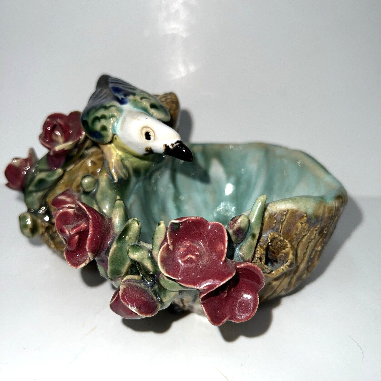 MCM Majolica Style Glazed Ceramic Bird And Flower Planter Bowl