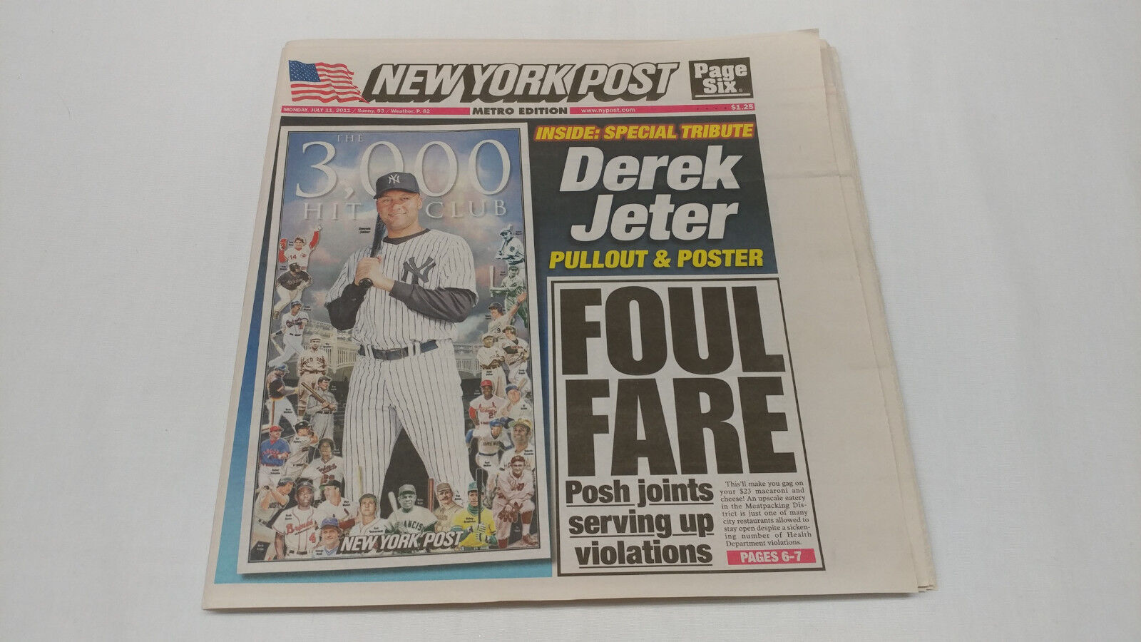 July 11 2011 New York Post NY Yankees Derek Jeter 3000 Hit Tribute Newspaper