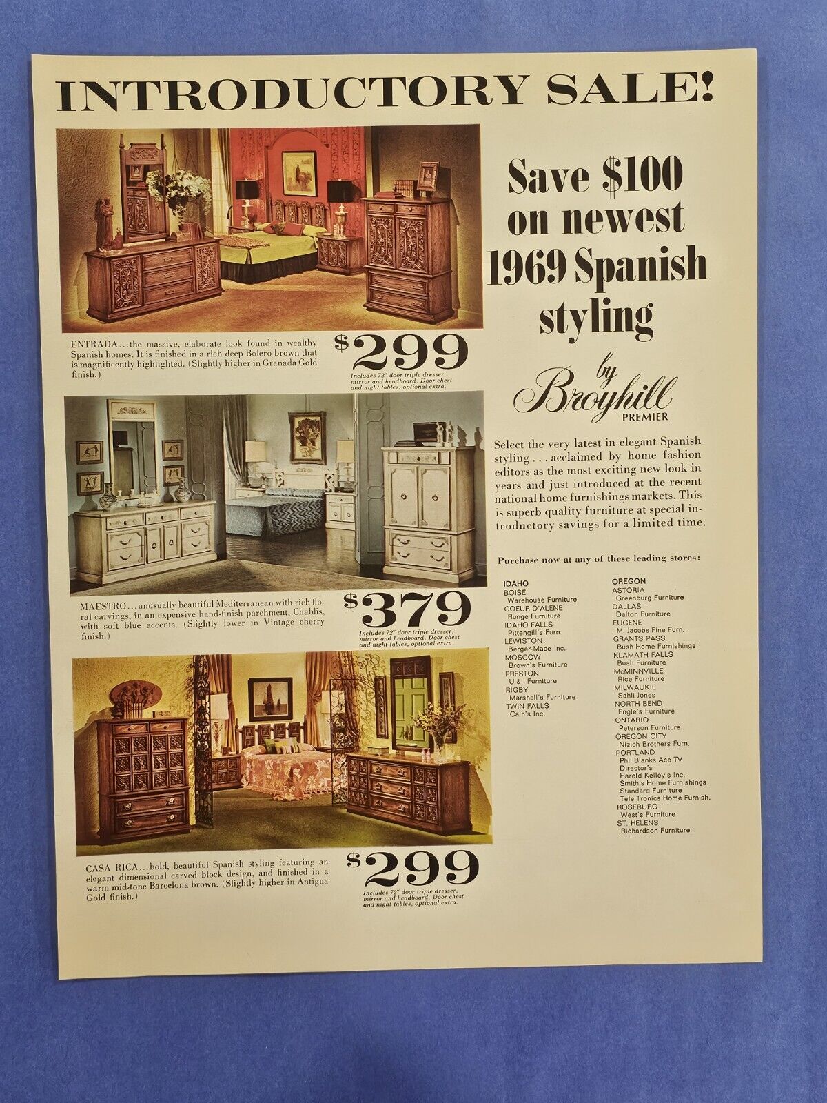 1969 Vintage Print Ad Broyhill Furniture Bedroom Suite Spanish Styling