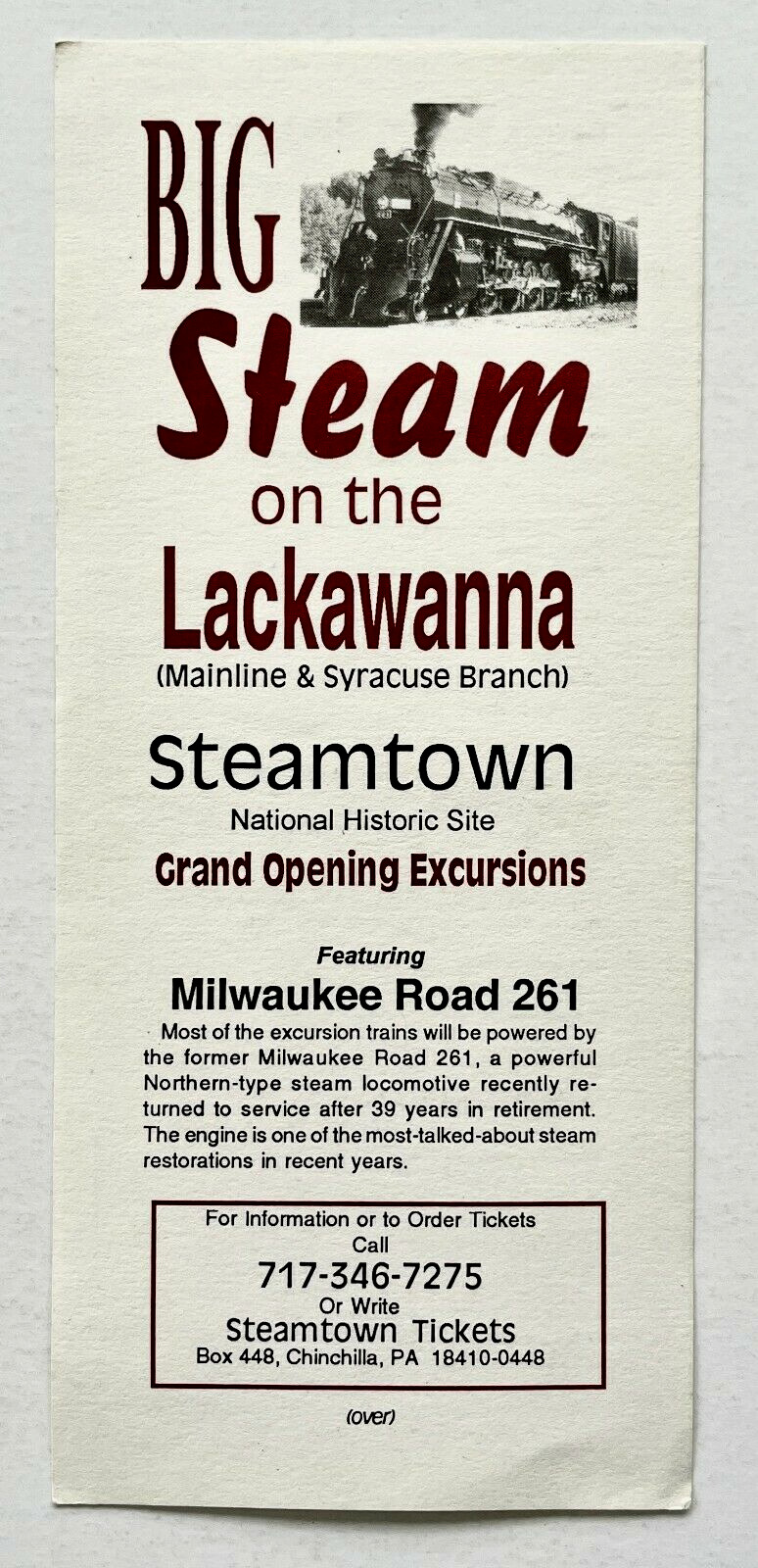 1980s Big Steam Lackawanna Steamtown Vintage Travel Flyer Chinchilla Mainline PA